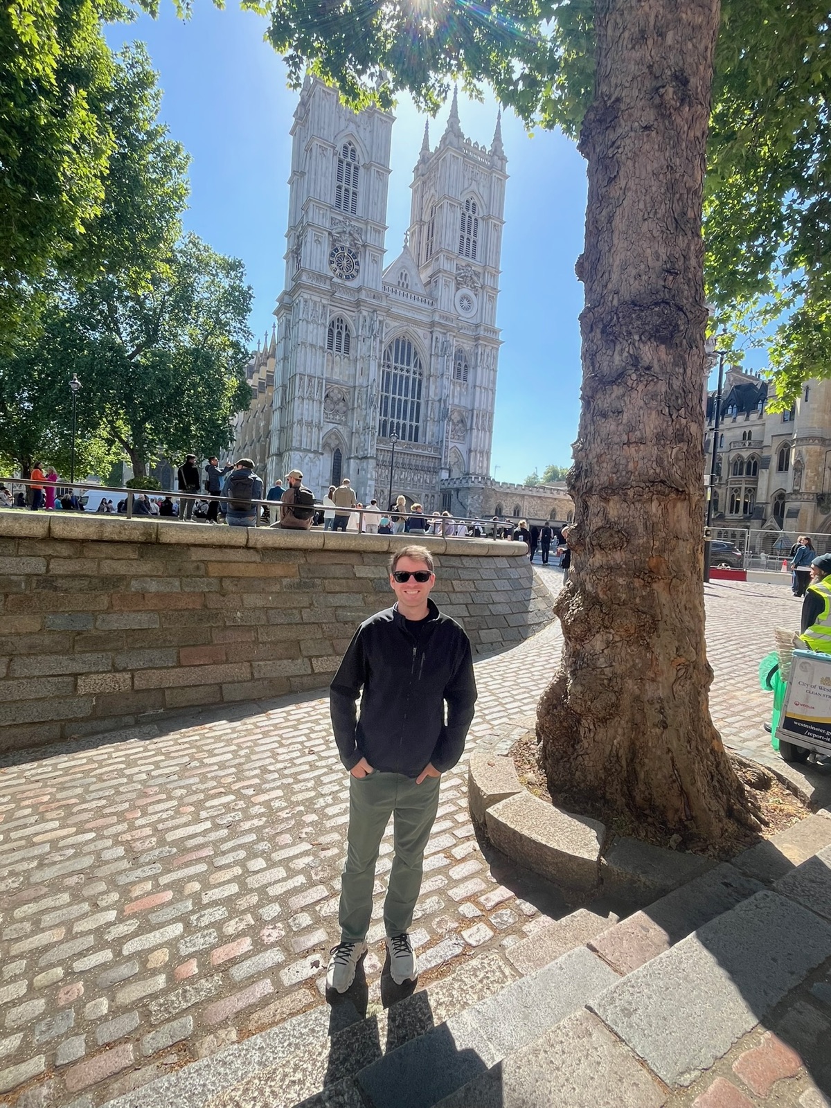 Beau outside Westminster Abbey in London