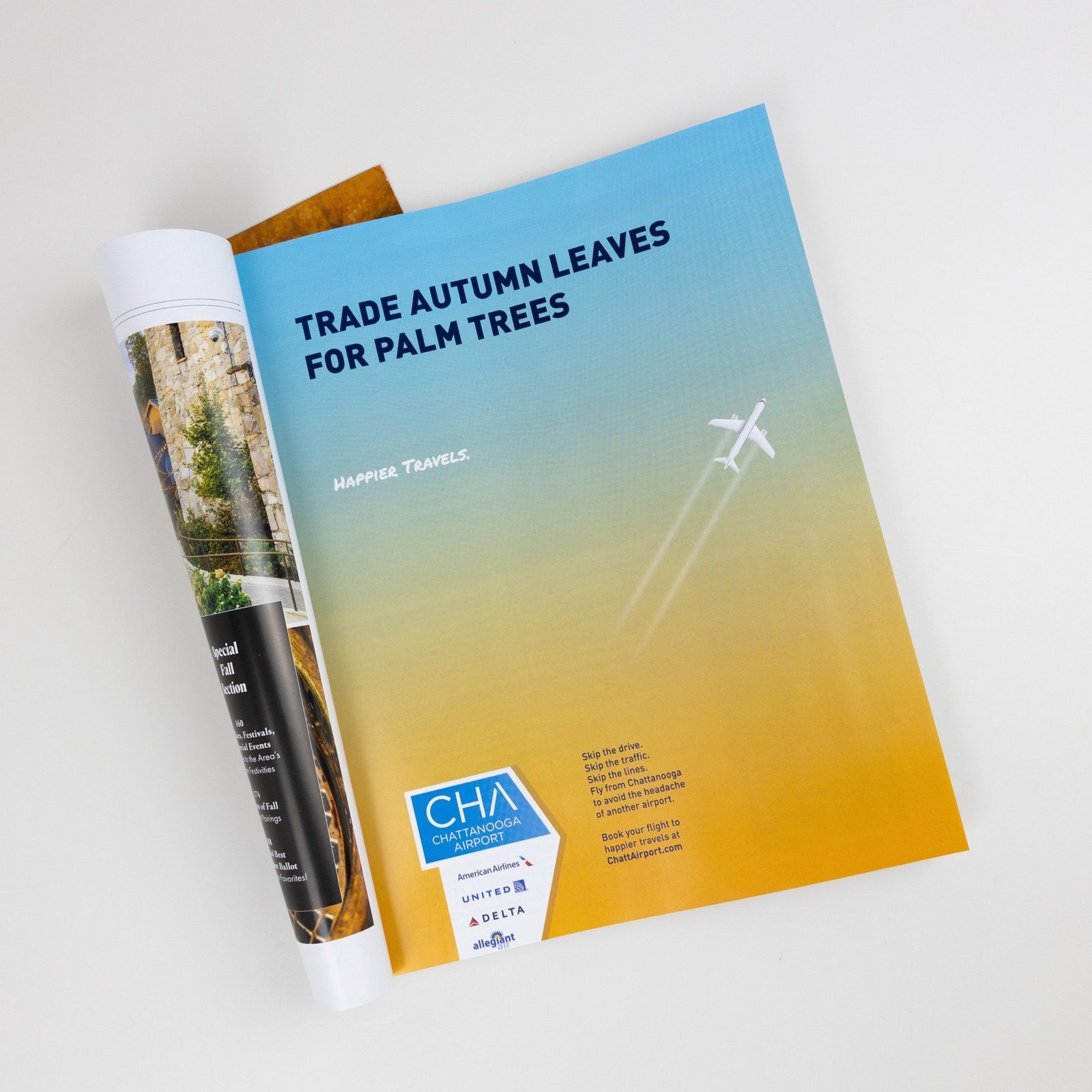 Magazine spread for Chattanooga Airport reading Trade Autumn Leaves for Palm Trees, a plane crossing a gradient sky