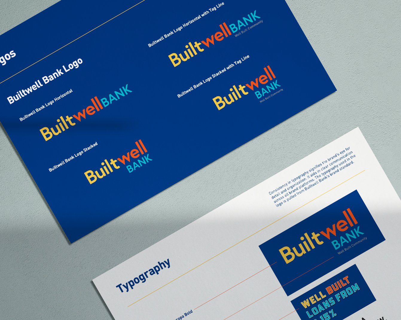 Builtwell Bank brand guideline pages showing logo variations and typography