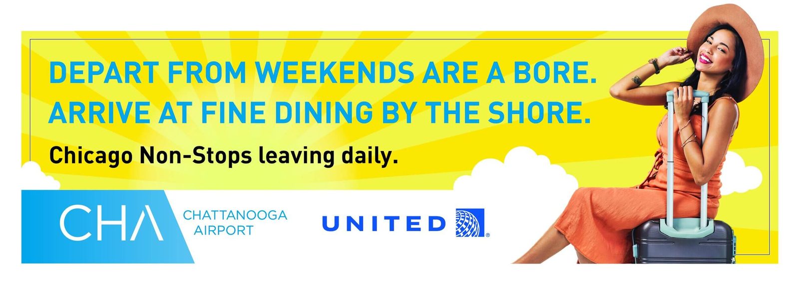 A Chattanooga Airport and United banner advertising daily Chicago non-stops