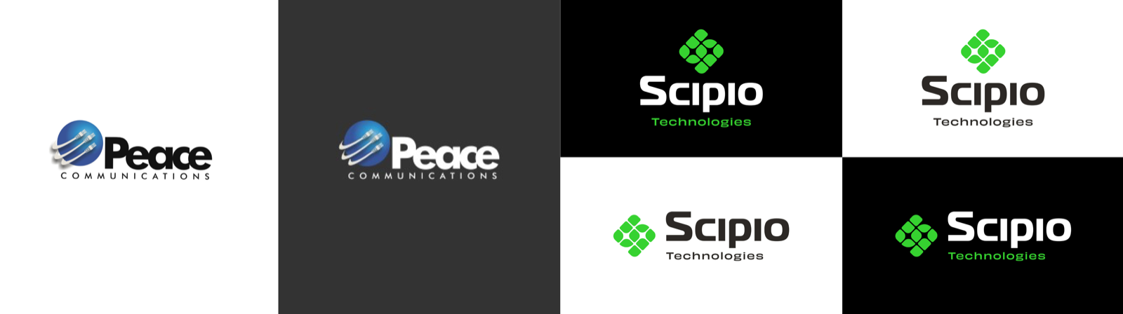 The old Peace Communications logo beside the new Scipio Technologies logo in several colour variations