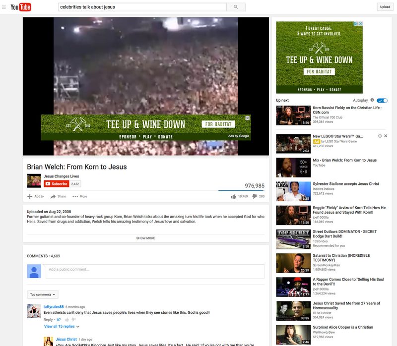 YouTube page with the Tee Up & Wine Down banner ad beside a video