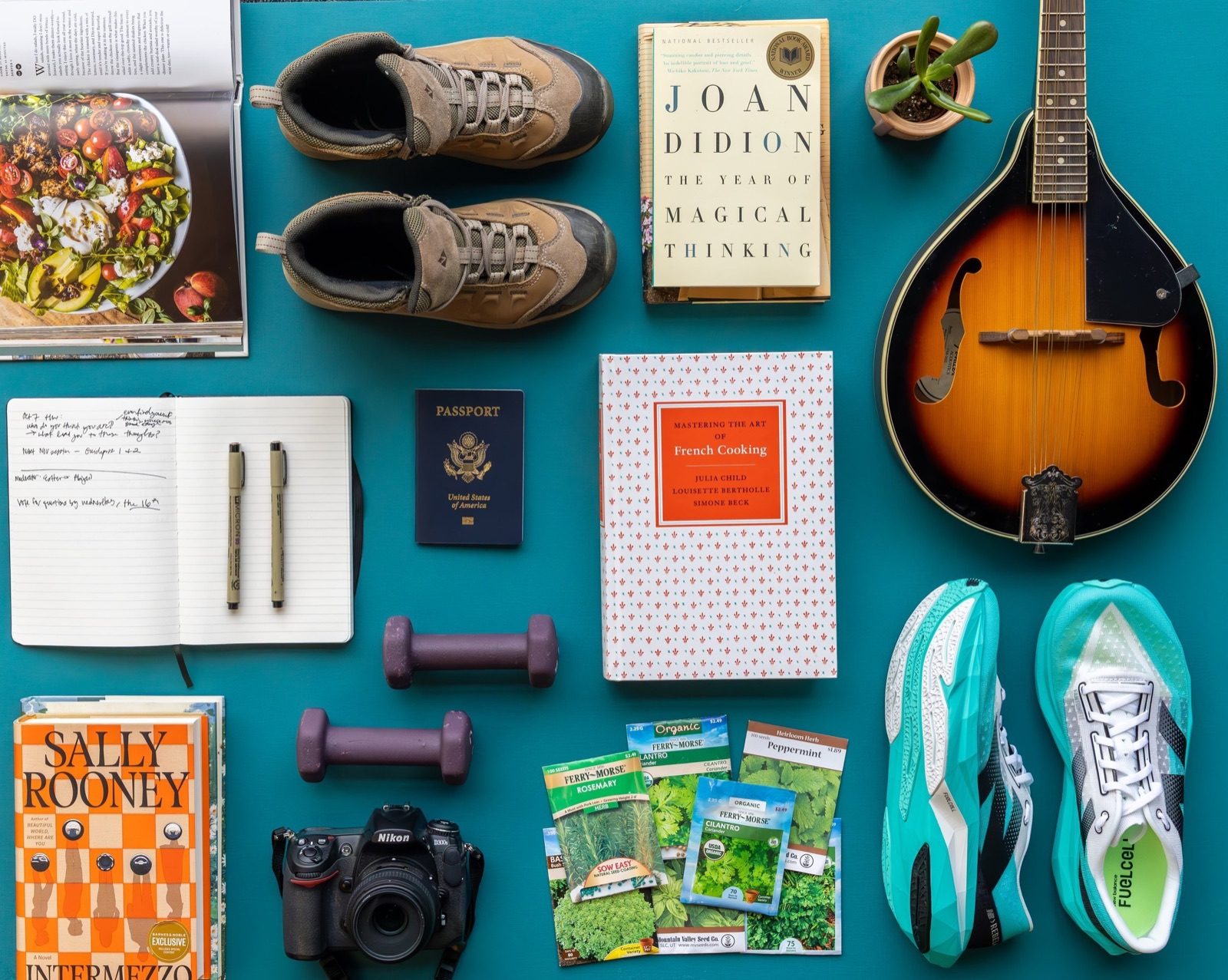 A flat lay of New Year resolution props on teal: hiking boots, books, a mandolin, a camera, seed packets, a dumbbell and running shoes