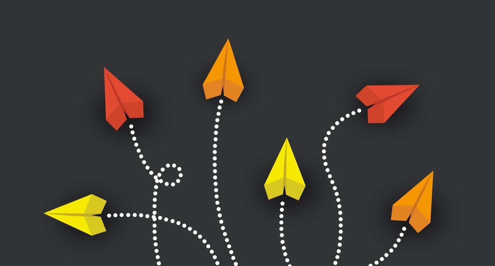 Five paper planes in yellow, orange and red rising on dotted flight paths