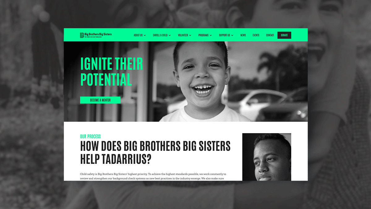 Big Brothers Big Sisters website homepage with the headline Ignite Their Potential