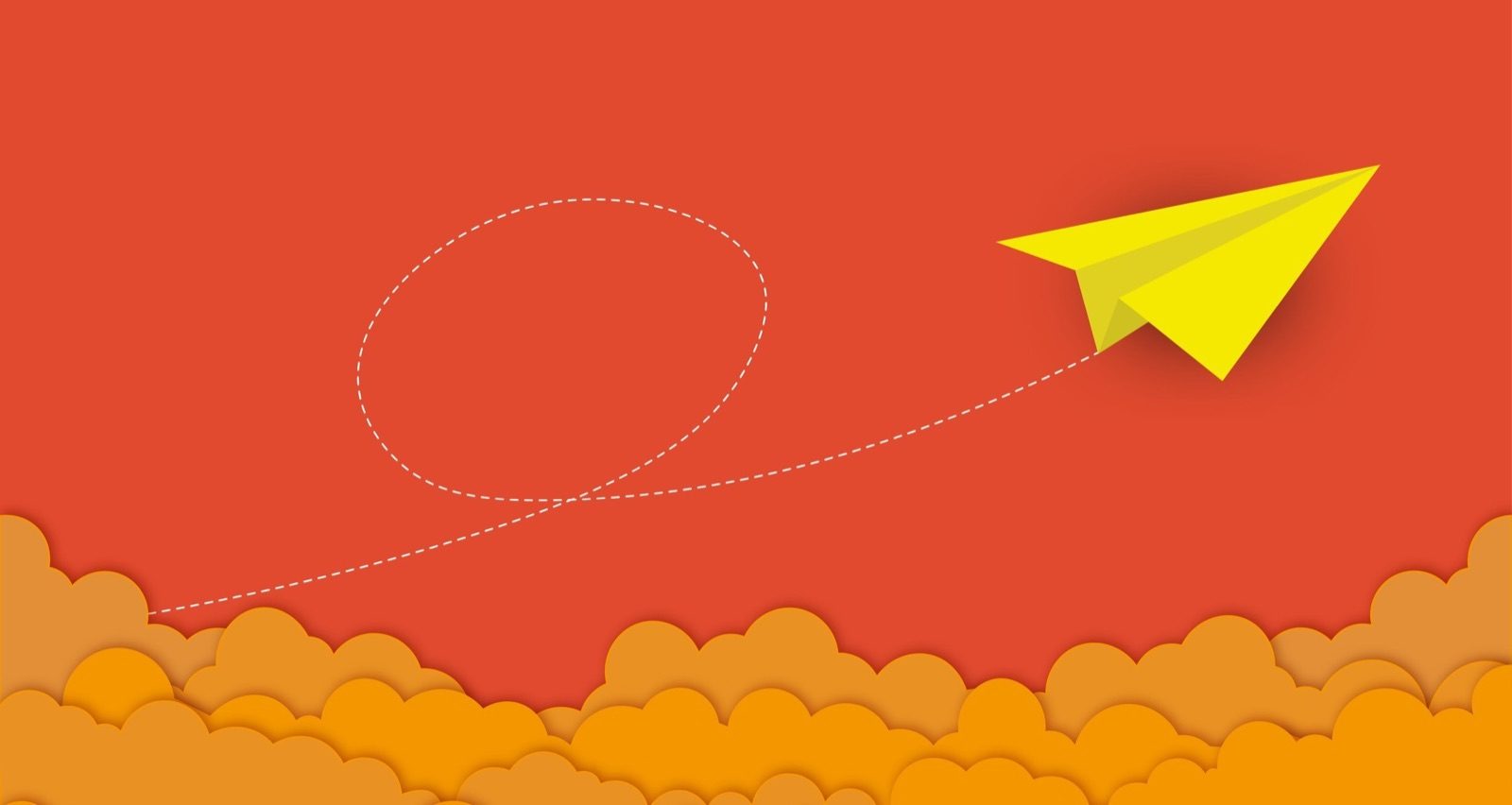 Yellow paper plane looping across an orange sky above paper clouds