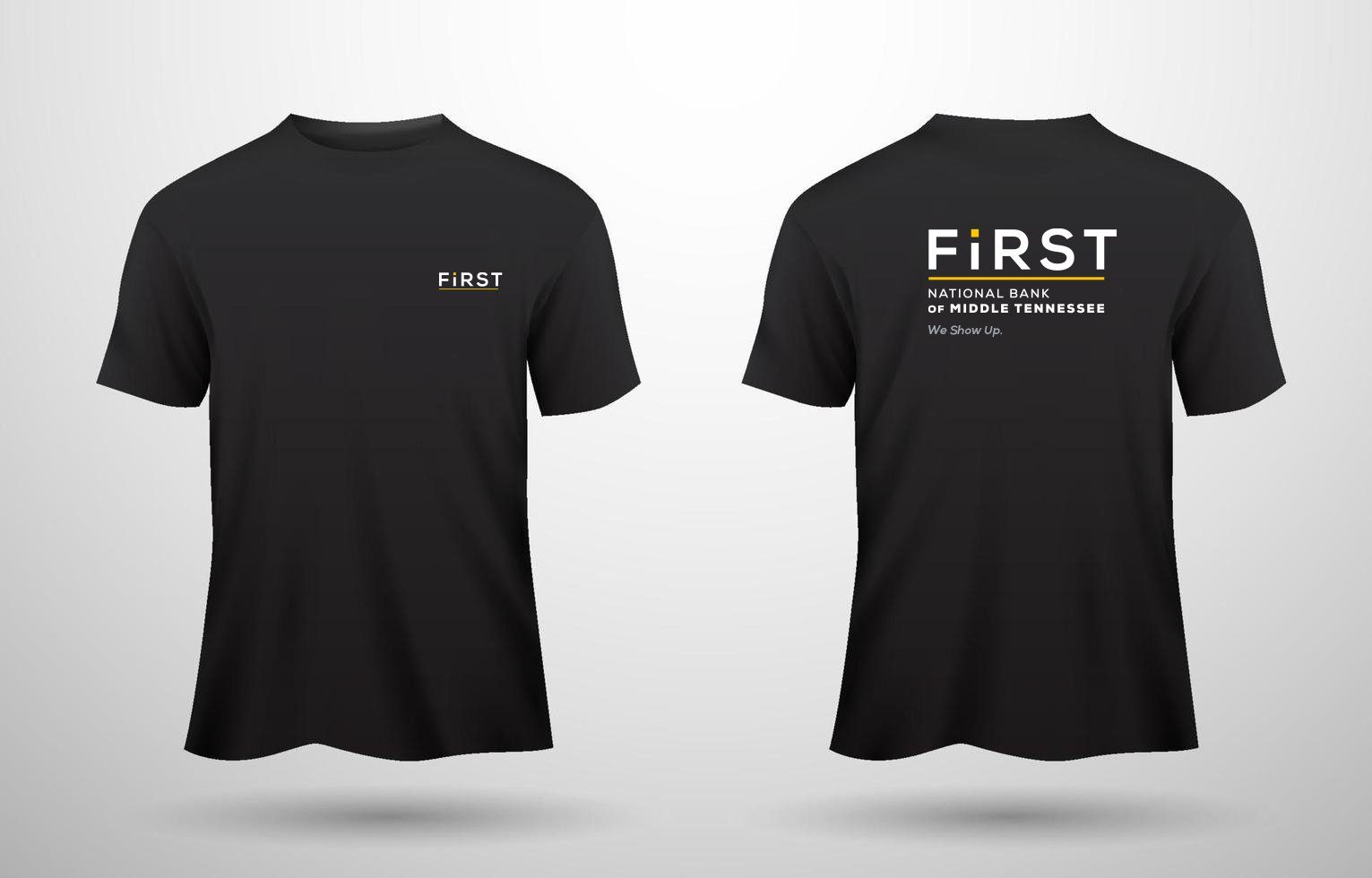 The front and back of a black First T-shirt, showing the small and full logo