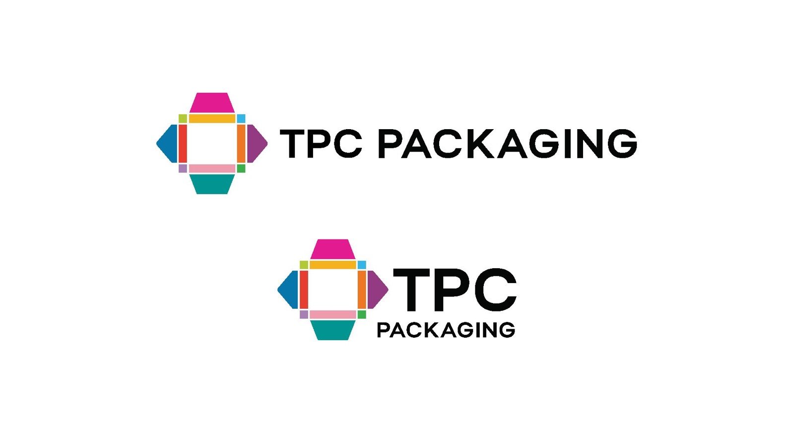 Two lockups of the TPC Packaging logo, one horizontal and one stacked