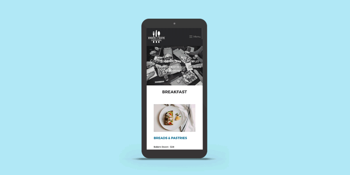 Phone showing the Events With Taste online ordering menu on a light blue background