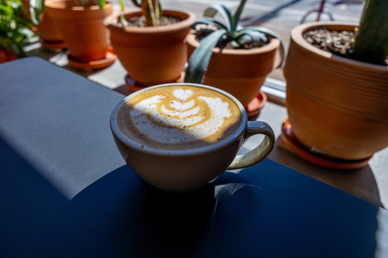 A latte in a grey cup on a blue table, with terracotta plant pots behind it