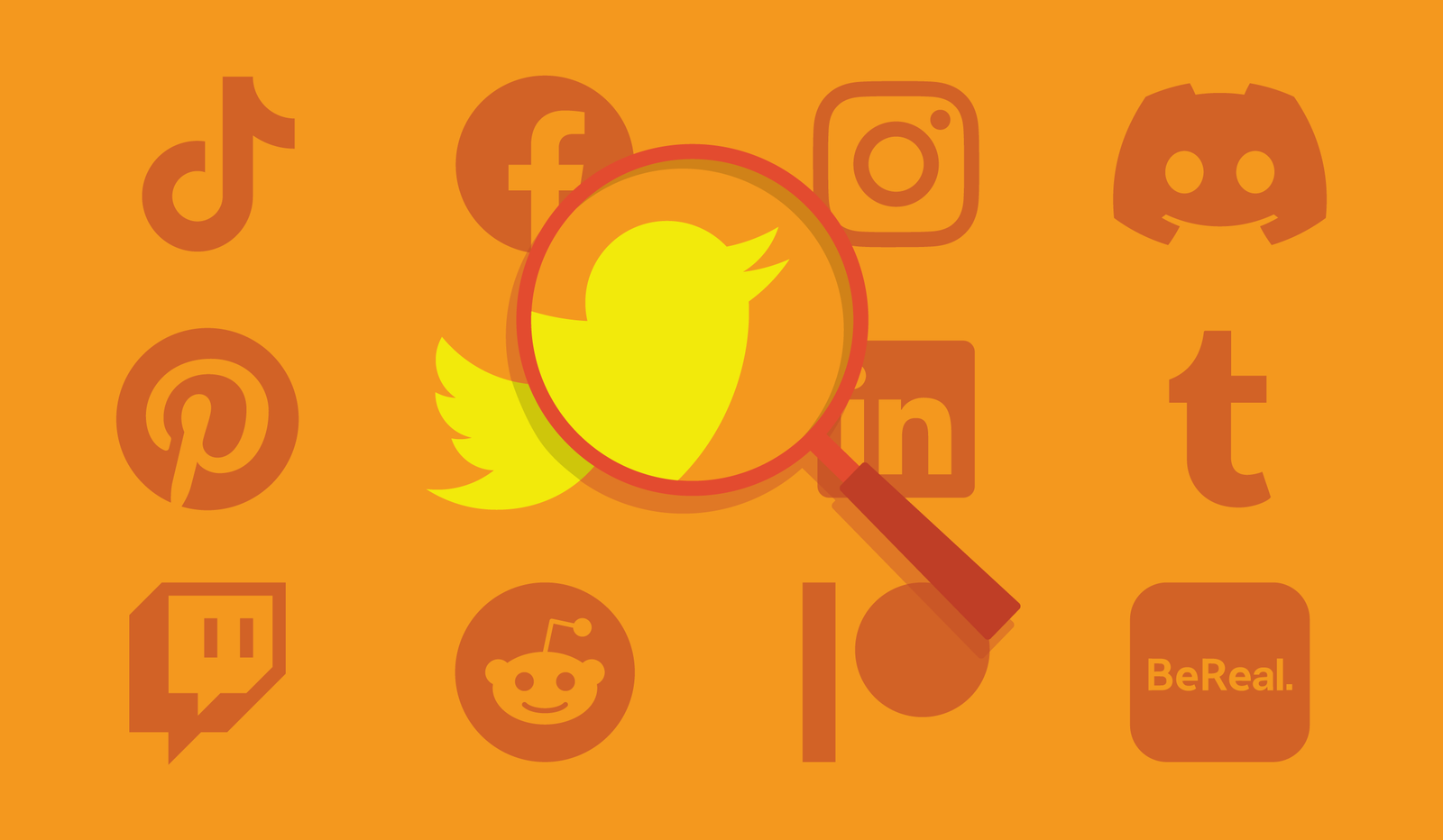 Social media app icons on orange with a magnifying glass over the Twitter bird