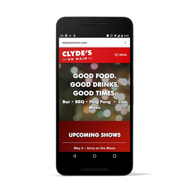 Phone showing the Clyde's on Main homepage with upcoming shows