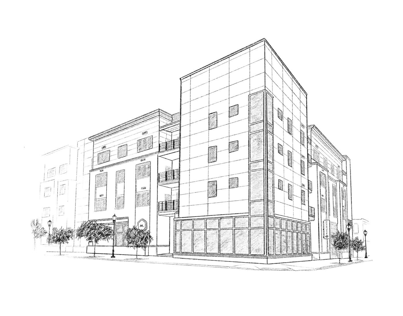 Pencil sketch of a four-storey corner building with ground-floor storefronts