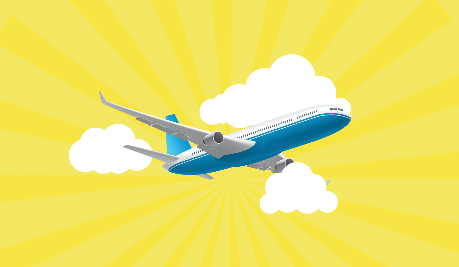 An illustration of an airliner climbing through clouds on a yellow sunburst background