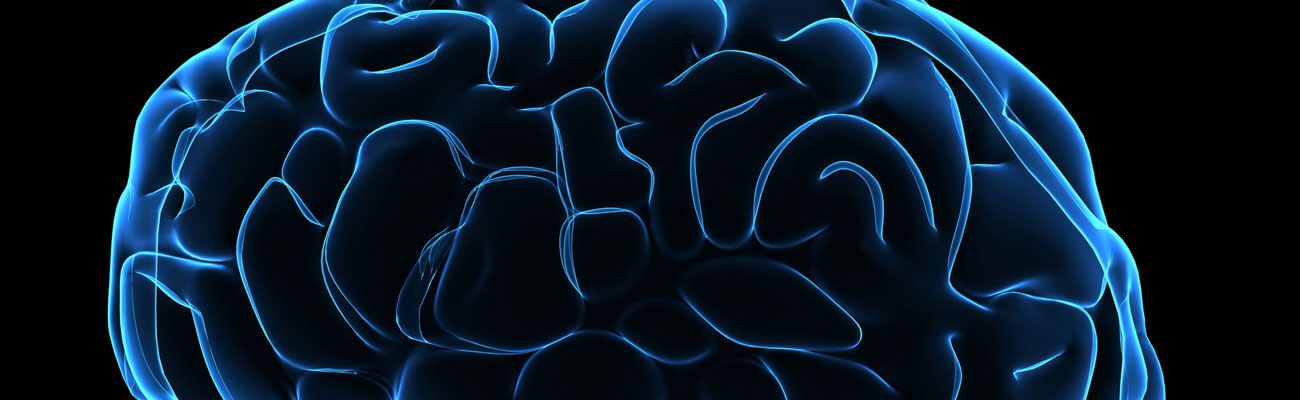 Glowing blue outline of a brain on black