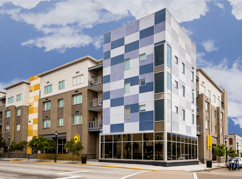 Maycreate's building at Market and Main with its checkered blue and gray facade