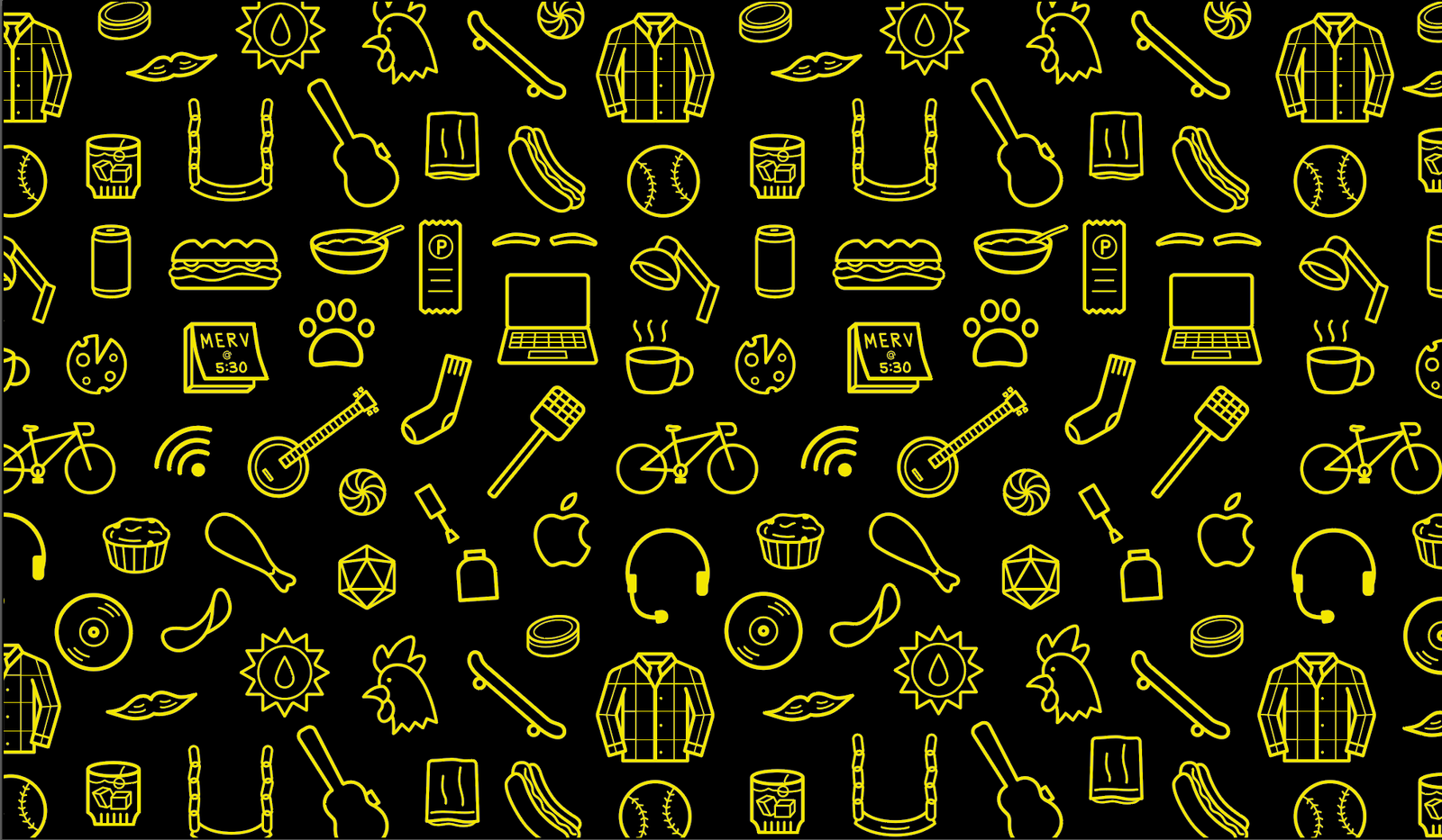 Pattern of yellow line icons for food, sports gear and gadgets on black