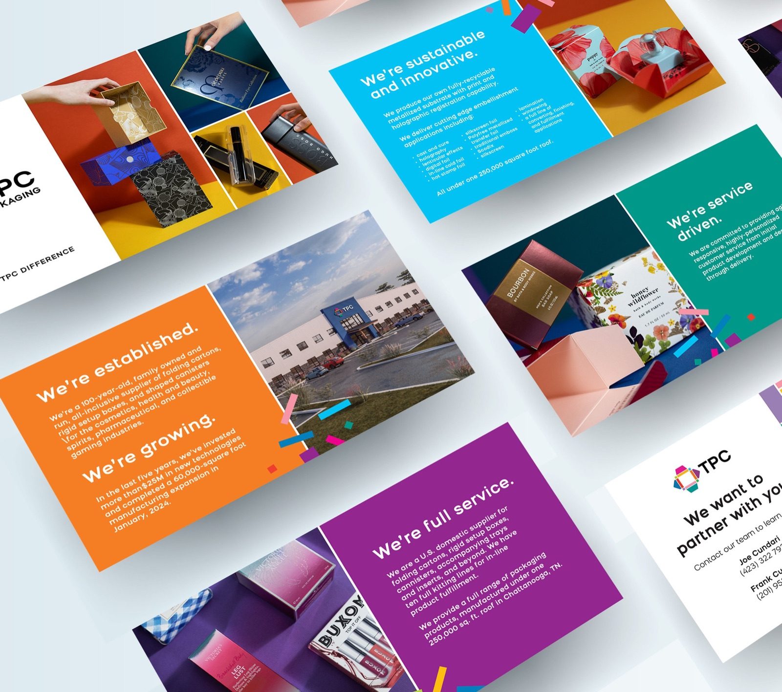 Brand platform cards in orange, blue, purple and pink describing TPC as established, growing and full service