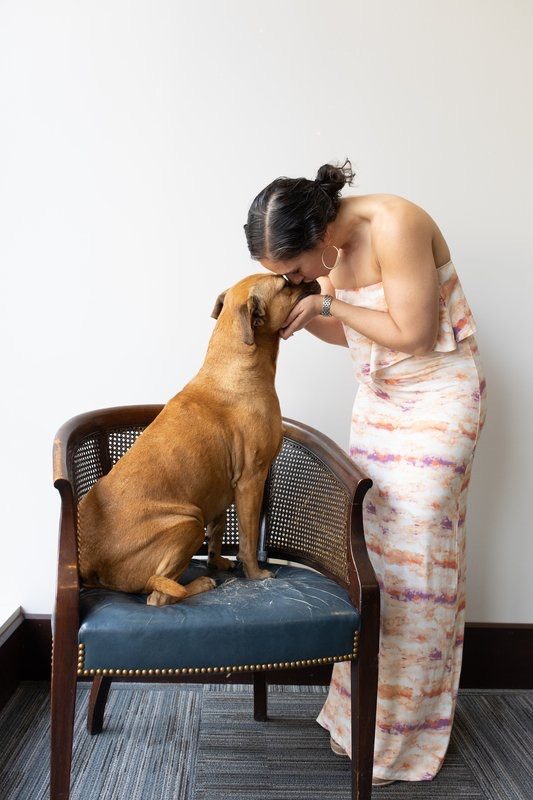 Woman in a patterned dress leaning down to a brown dog seated on a blue chair