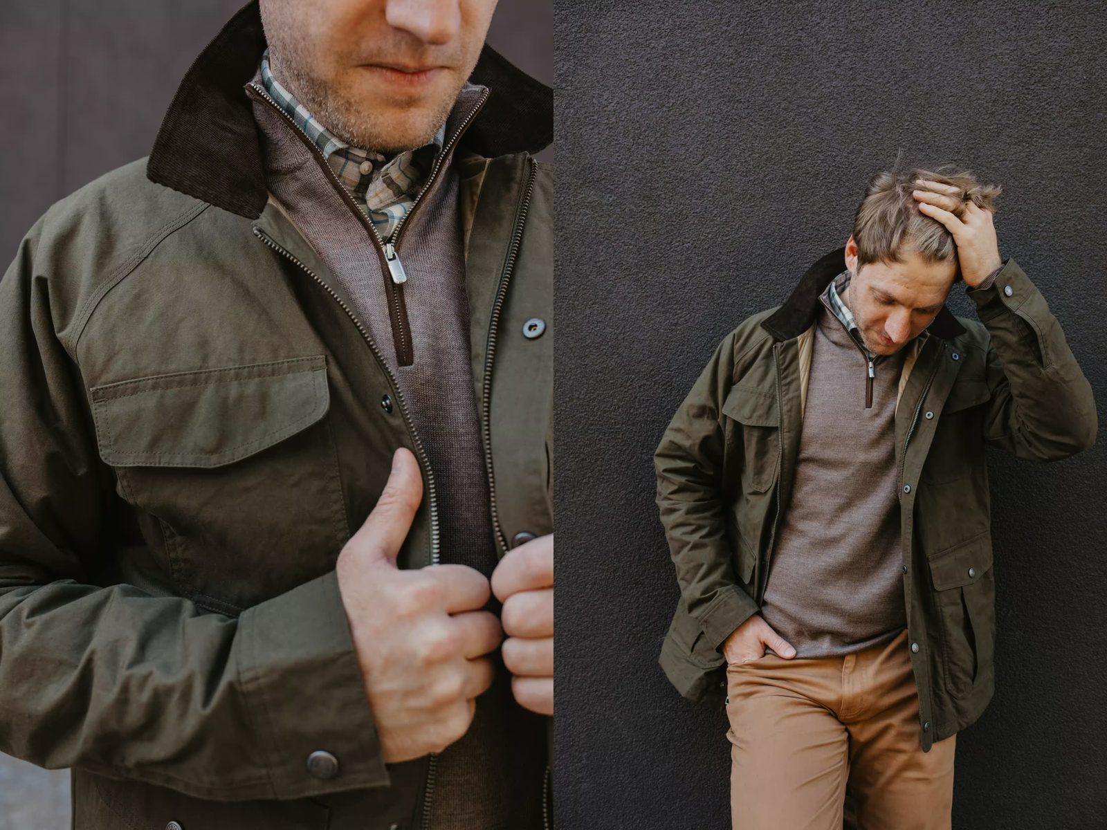 Two views of a man in an olive field jacket, close up and full length