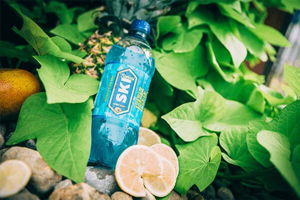 SKI bottle nestled among green leaves and citrus slices