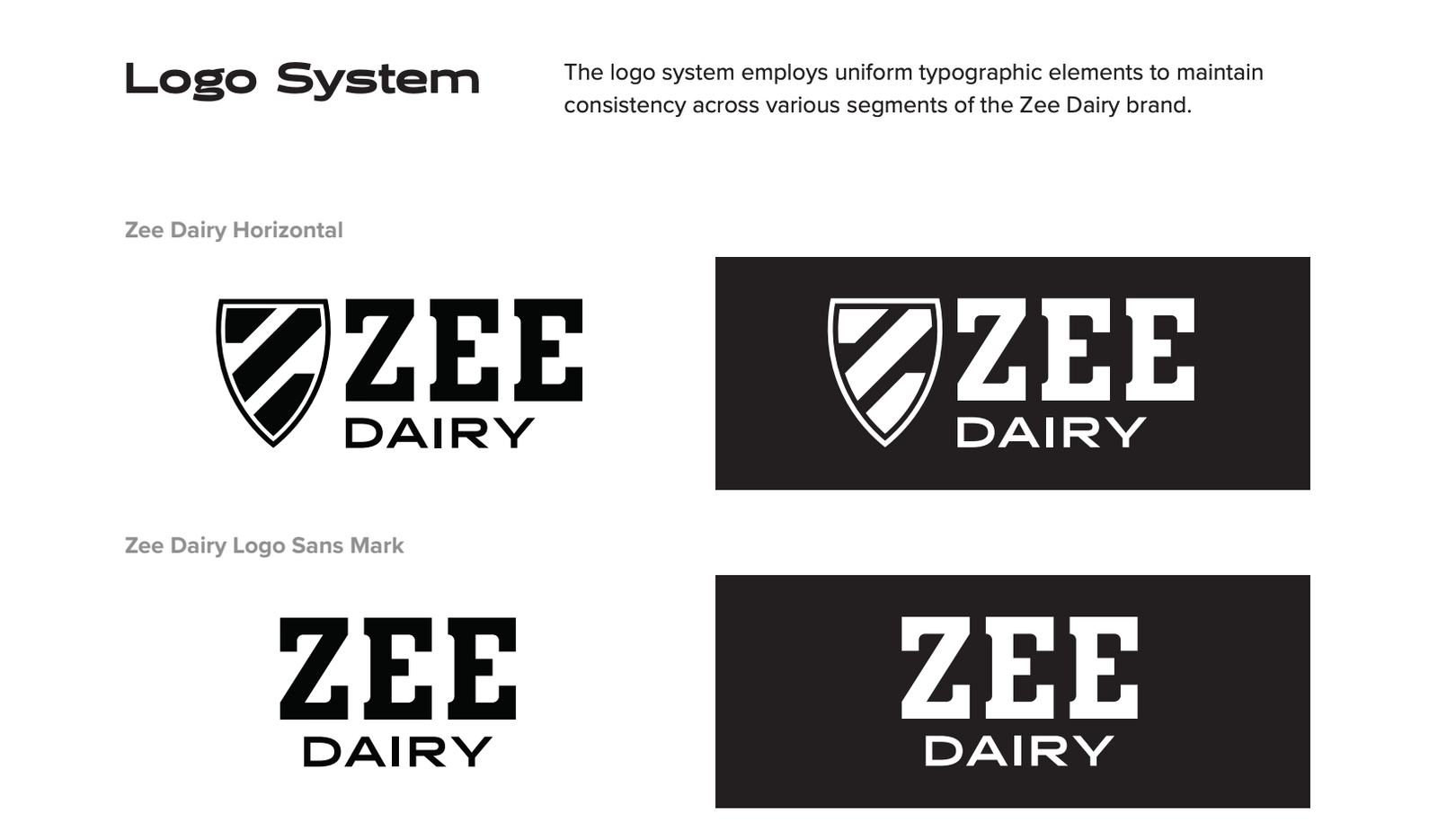 A logo system page showing the Zee Dairy horizontal lockup and sans wordmark in black and reversed