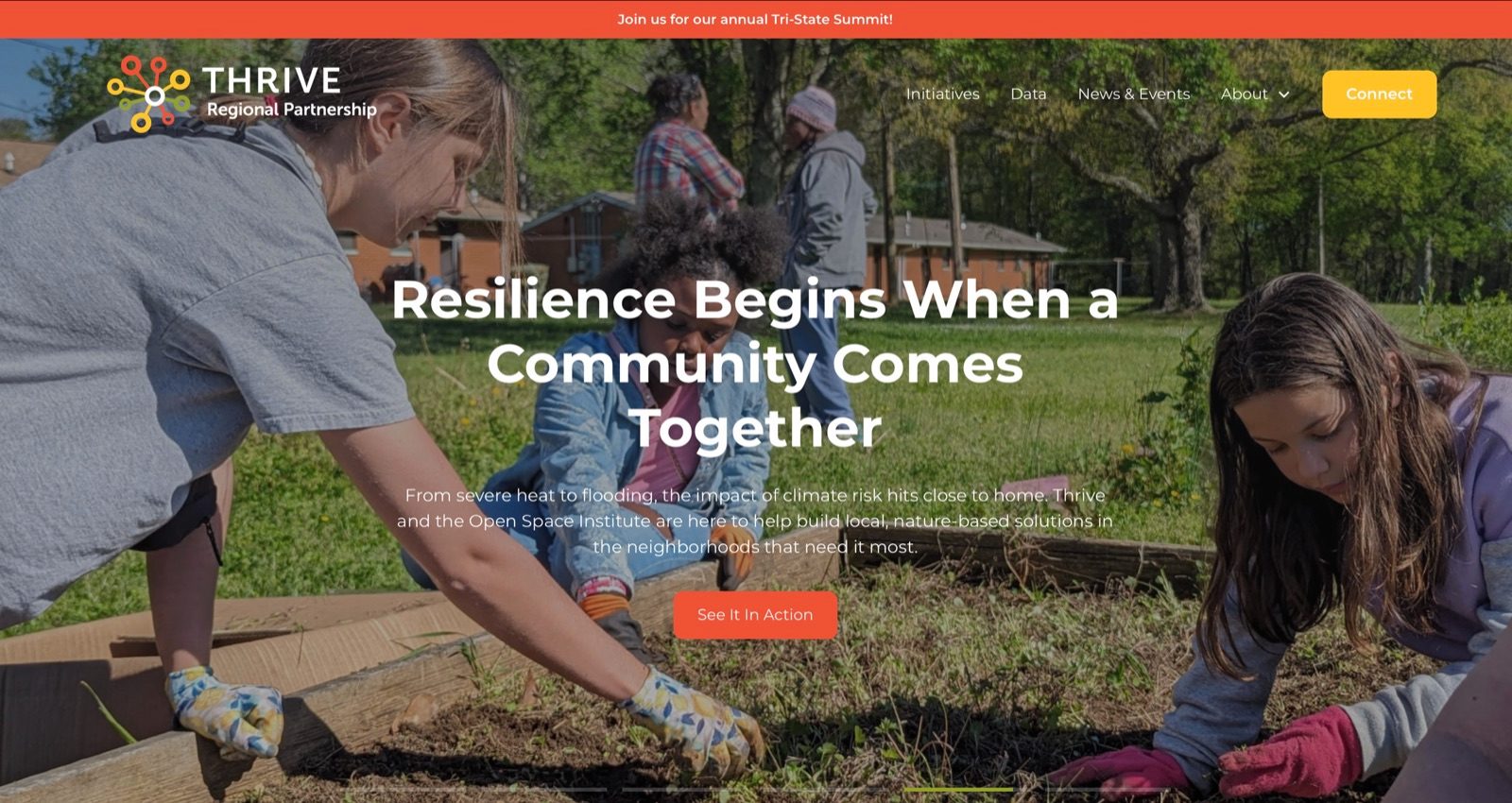 The Thrive Regional Partnership homepage, headlined 'Resilience Begins When a Community Comes Together'