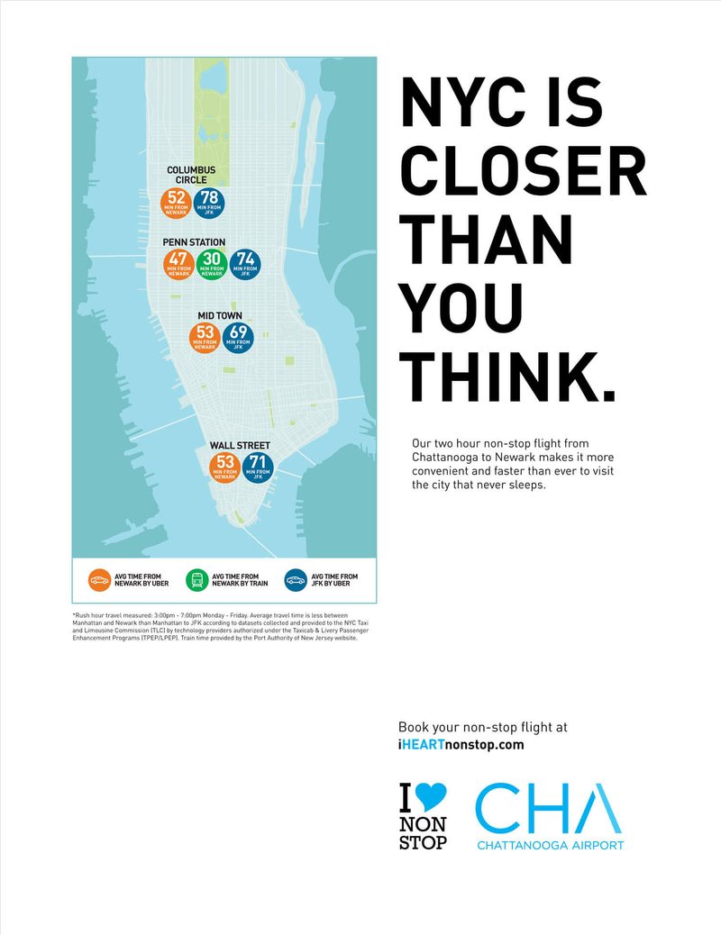 Print ad: NYC is closer than you think, with a map of Manhattan marking the nonstop route