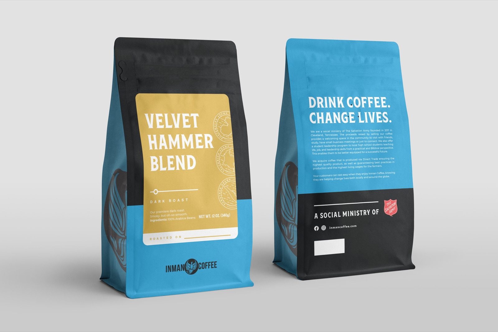 Two coffee bags for the Salvation Army, Velvet Hammer Blend, with the line Drink Coffee. Change Lives.