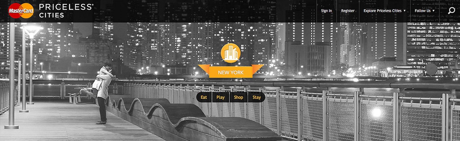 Mastercard Priceless Cities website over a black and white city skyline