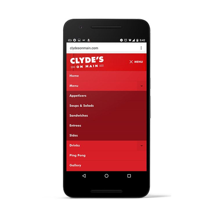 Phone showing the Clyde's on Main red navigation menu