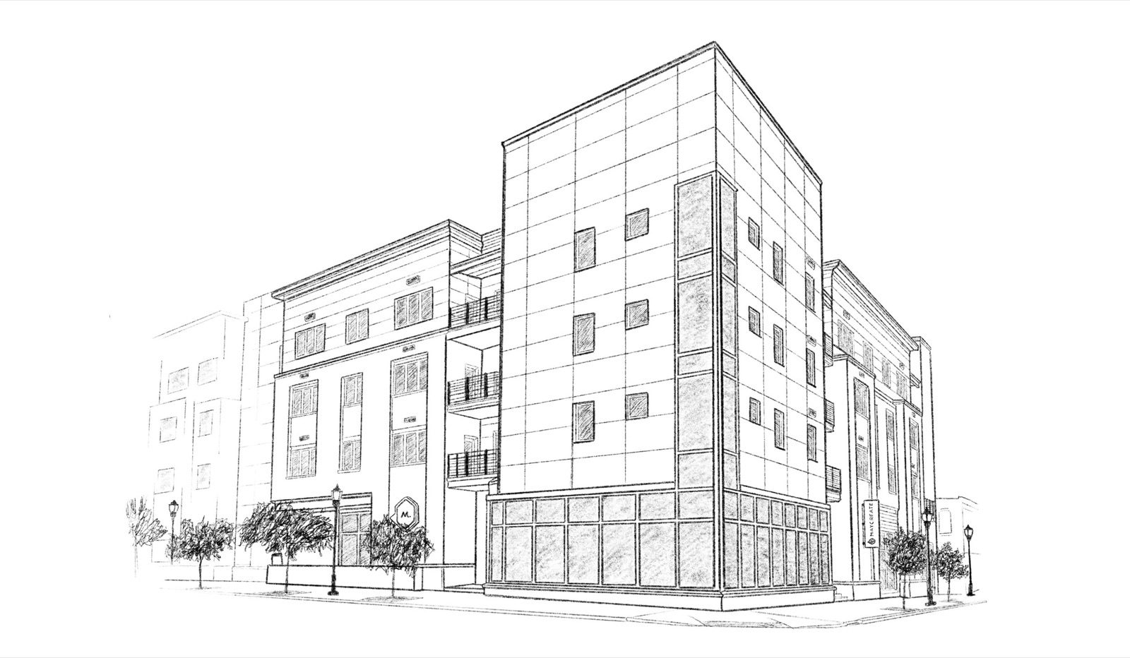 Pencil sketch of a four-story downtown building on a street corner