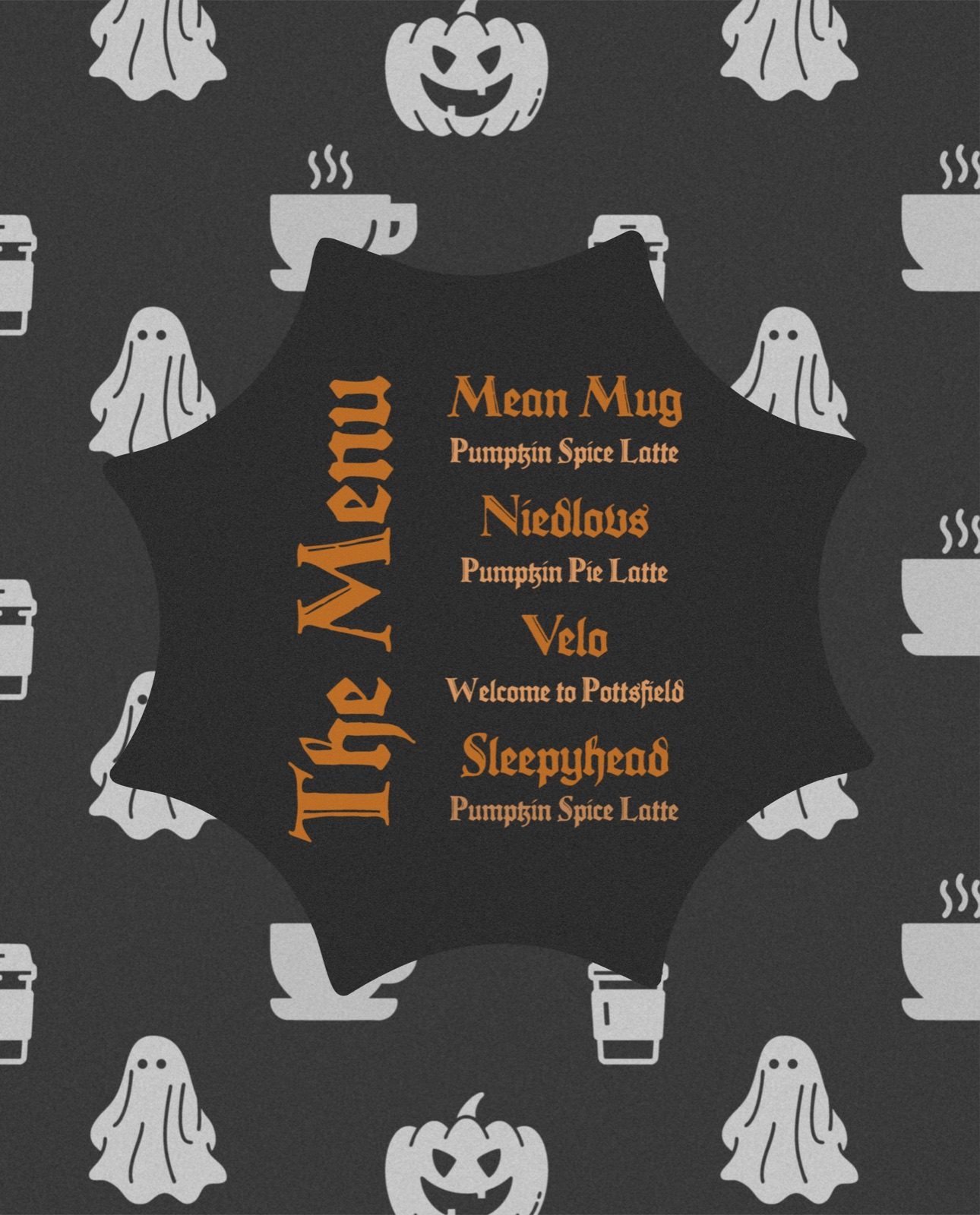 A Halloween-themed menu card listing the pumpkin drinks tasted at Mean Mug, Niedlov's, Velo and Sleepyhead