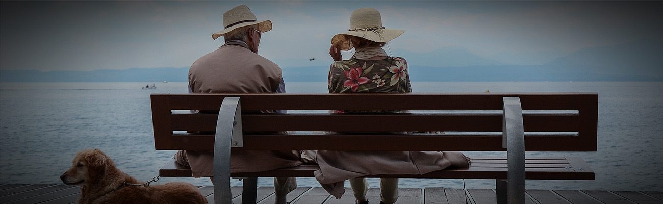 Older couple and a dog on a bench facing the sea