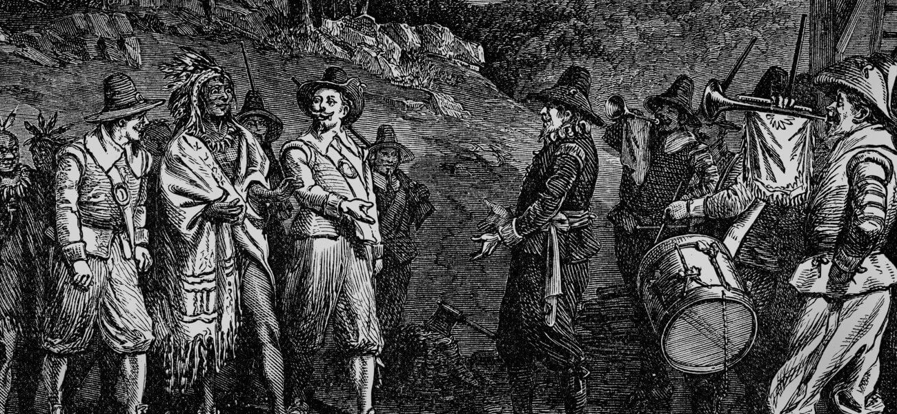 Engraving of Pilgrims and Native Americans at the first Thanksgiving