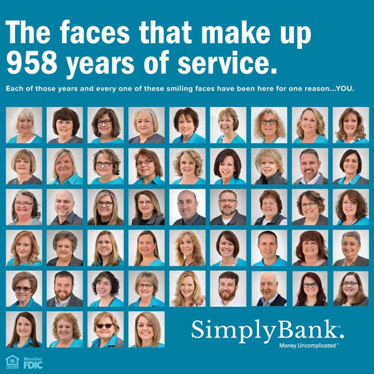 Simply Bank ad, The faces that make up 958 years of service, a grid of employee headshots