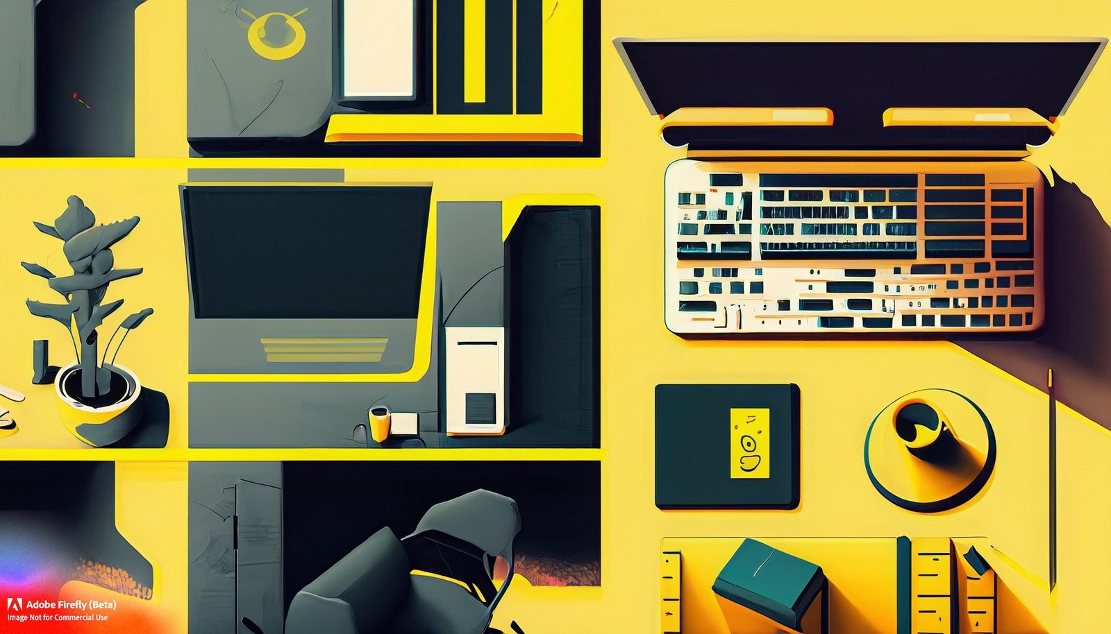 Stylized yellow and black illustration of a desk with plants, laptop and monitor