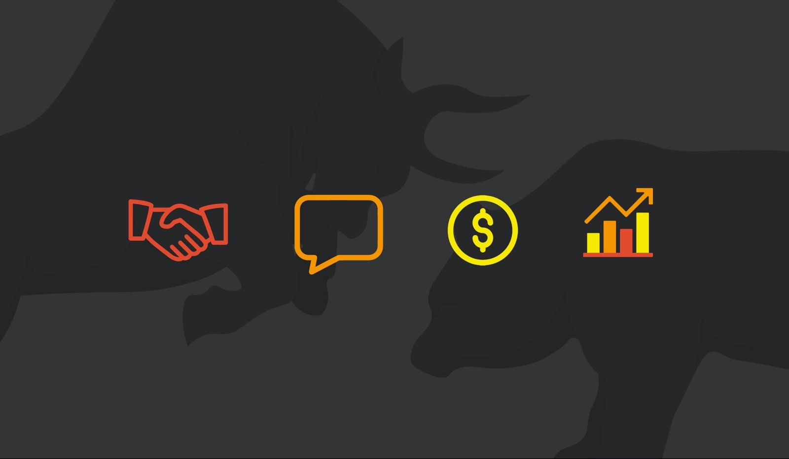 Silhouettes of a bull and a bear with handshake, chat, dollar and growth chart icons