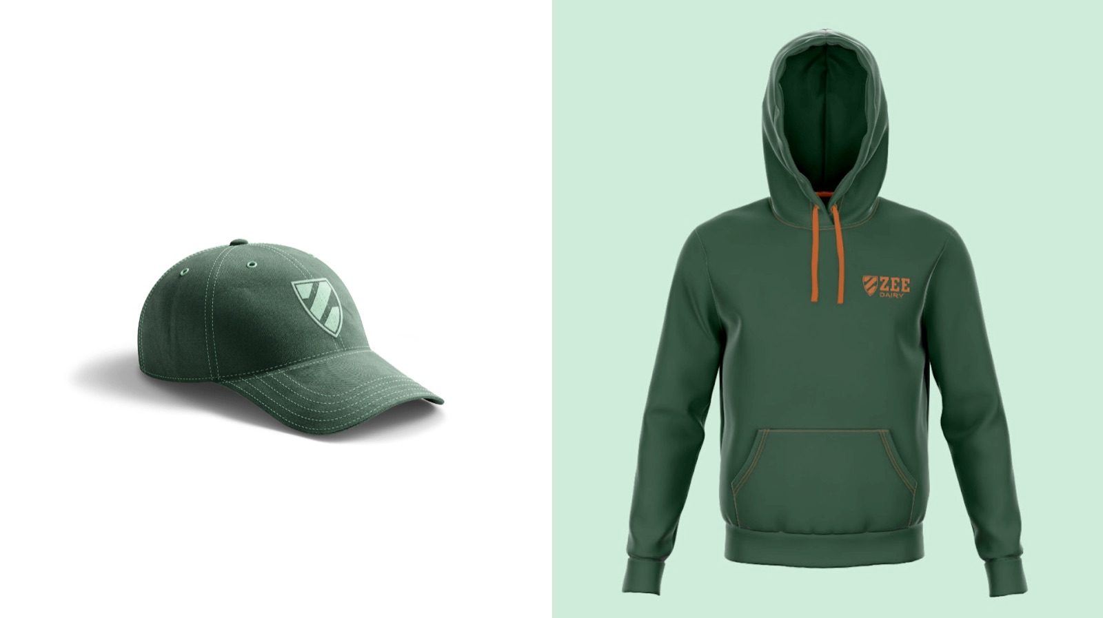 A green cap and a green hooded sweatshirt carrying the Zee Dairy mark