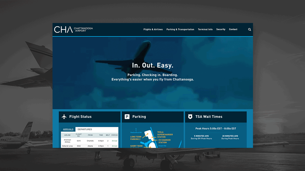 The Chattanooga Airport website homepage, headlined 'In. Out. Easy.'