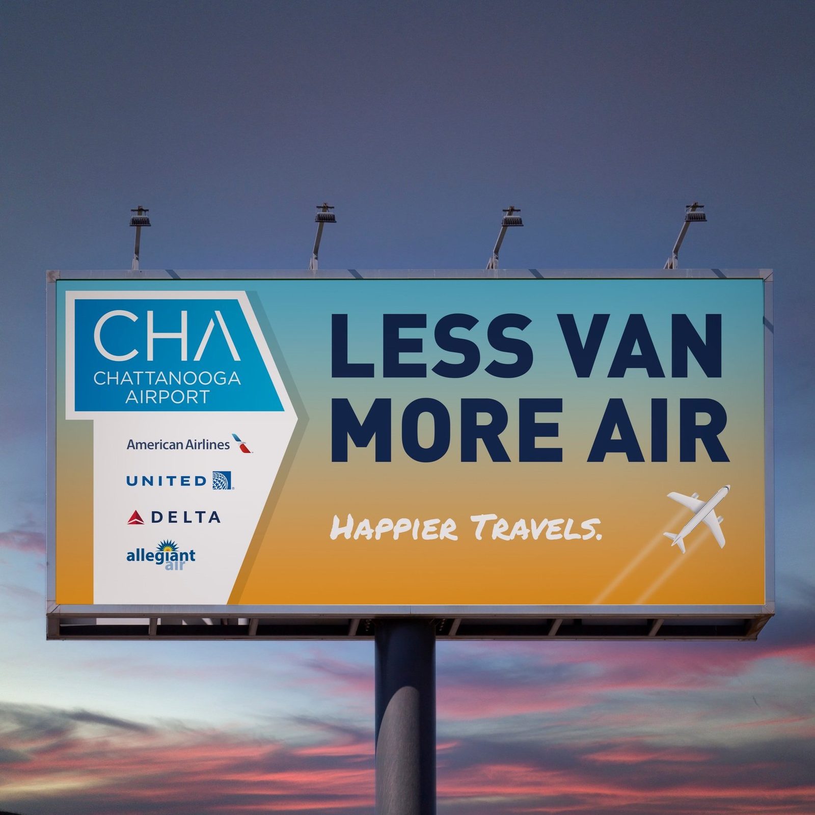Chattanooga Airport billboard reading Less Van More Air, Happier Travels, with airline logos
