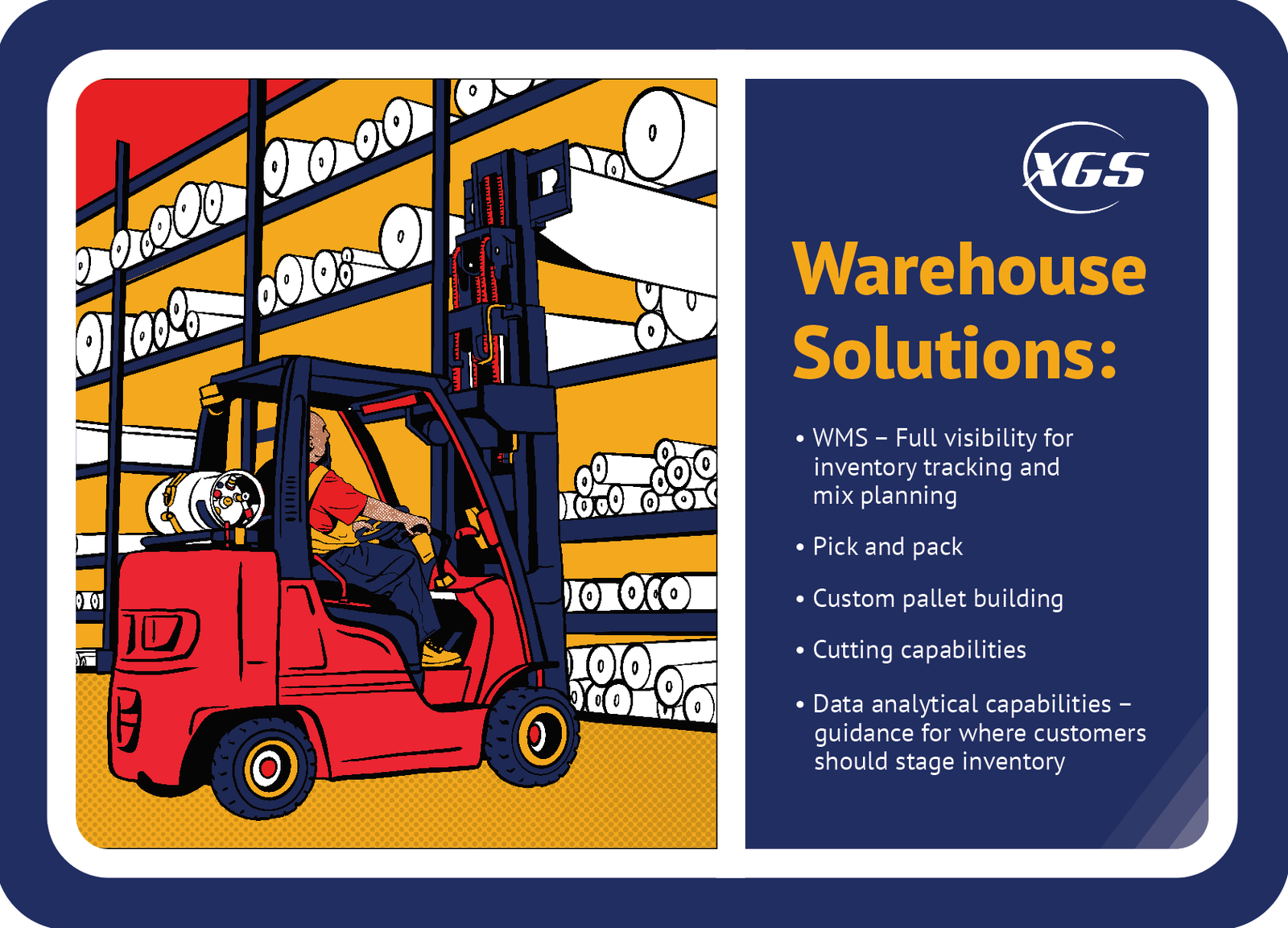 An XGS warehouse solutions card, illustrated with a forklift and a list of capabilities