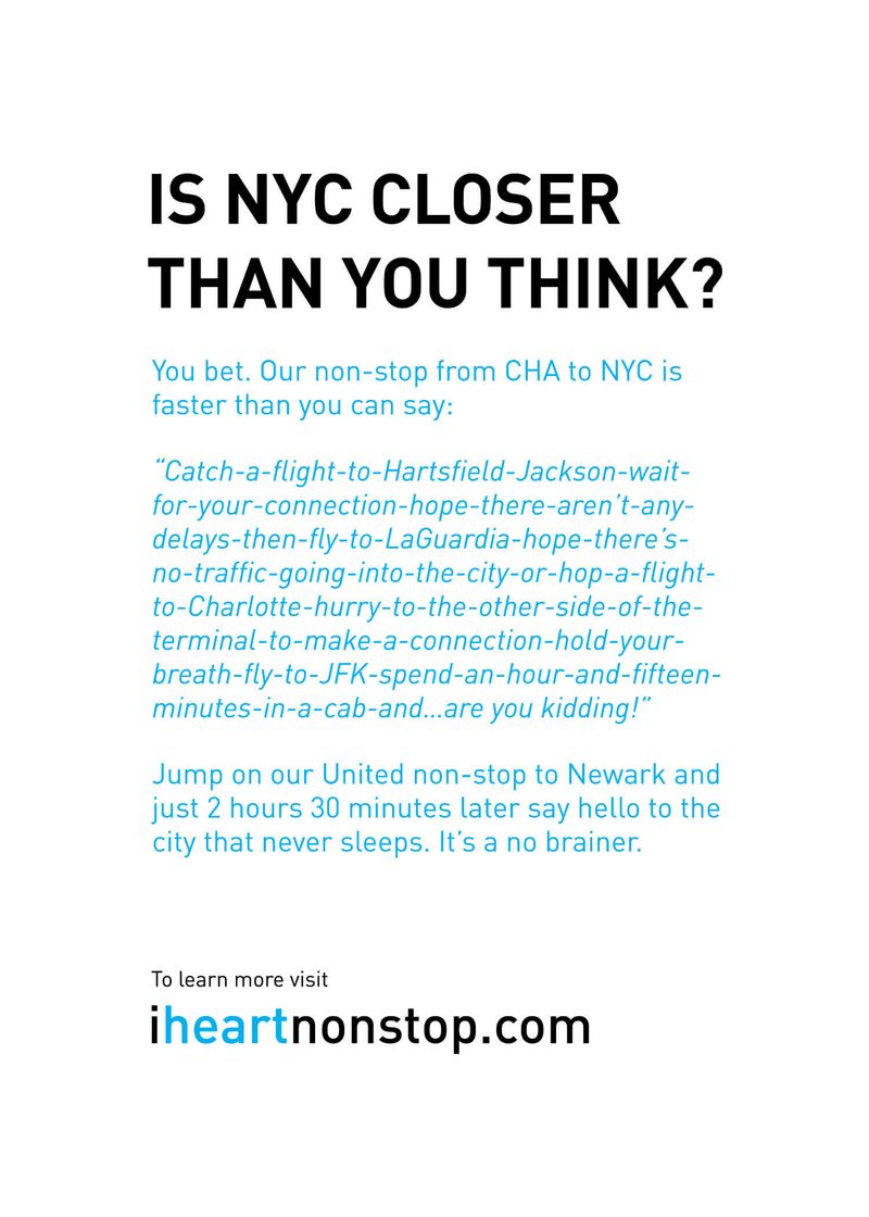 Print ad: Is NYC closer than you think? with a run-on sentence about connecting flights and iheartnonstop.com
