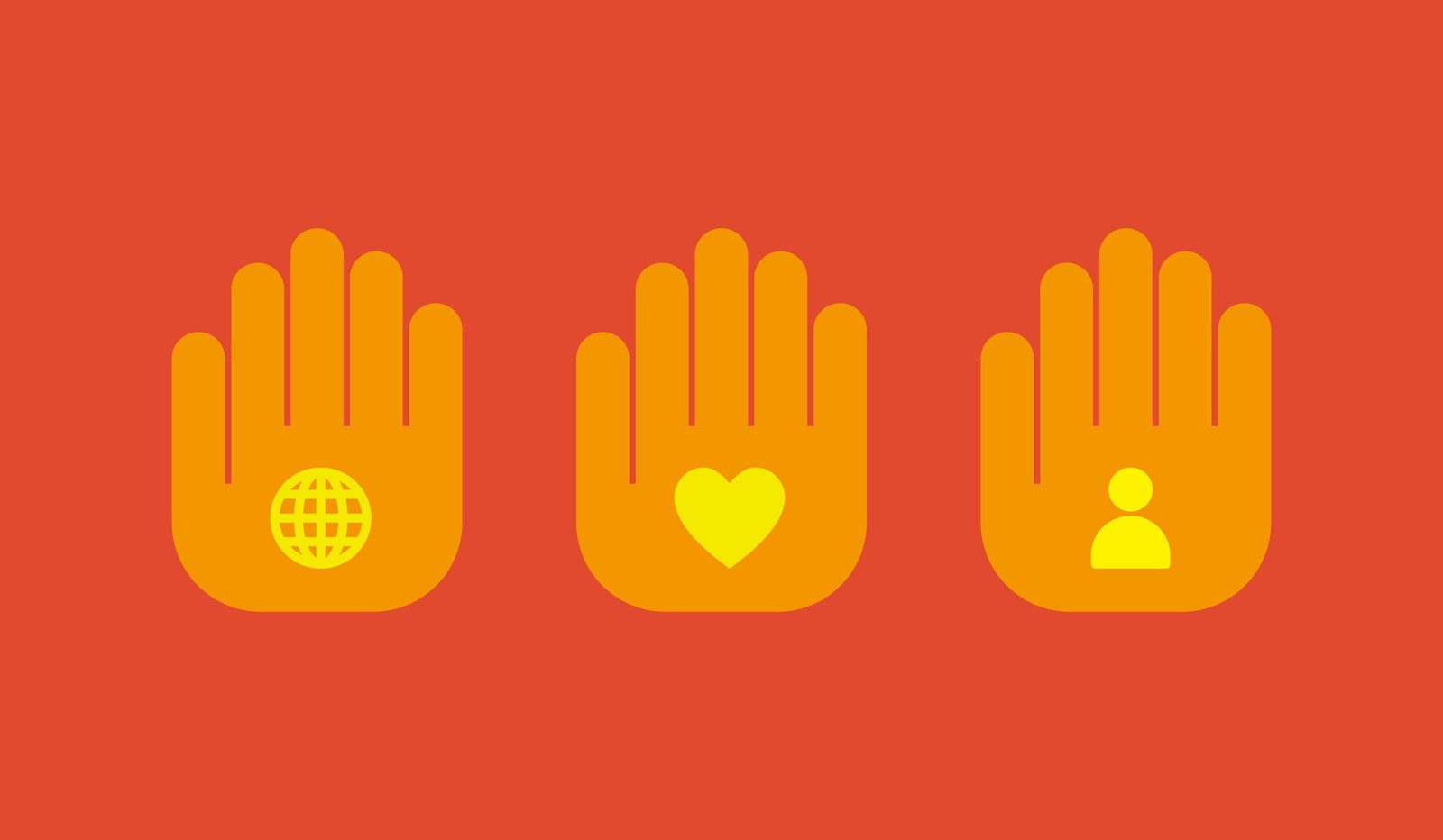Three raised orange hands holding a globe, a heart and a person icon on red