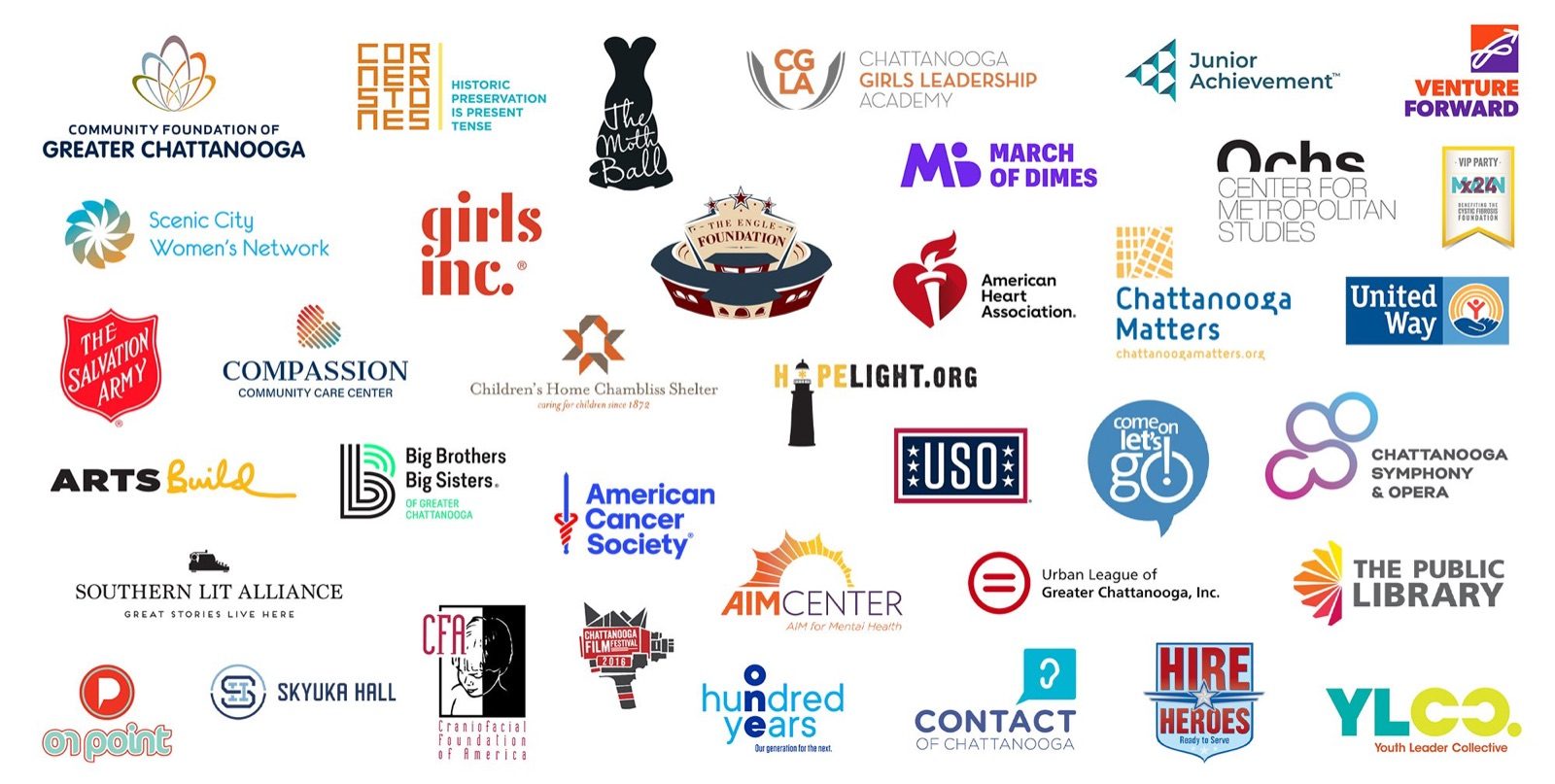 Logo wall of Chattanooga nonprofits including United Way, ArtsBuild, Girls Inc., March of Dimes and the Salvation Army