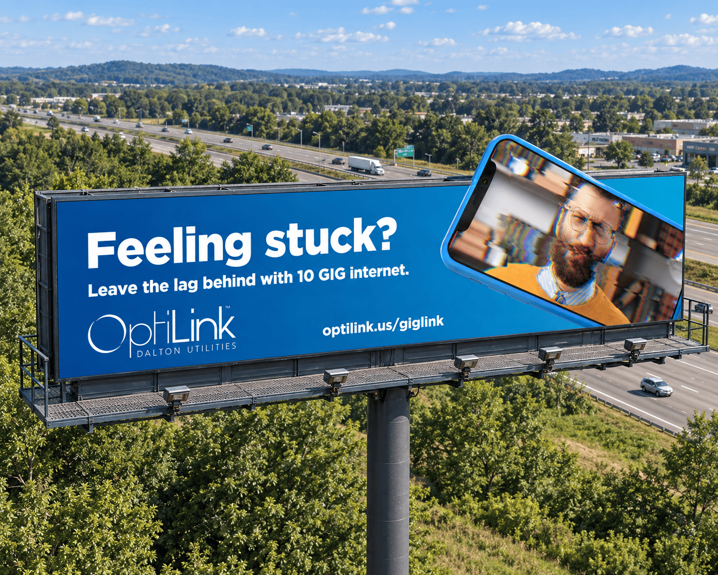 “Feeling stuck?” billboard above the interstate