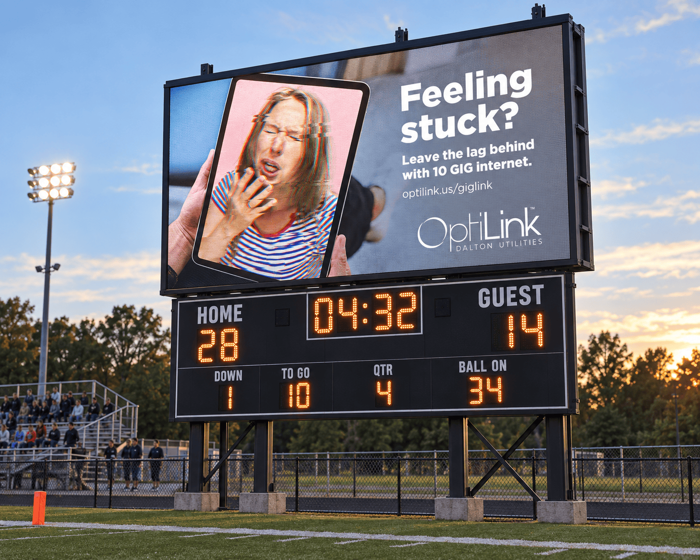 “Feeling stuck?” on a stadium scoreboard