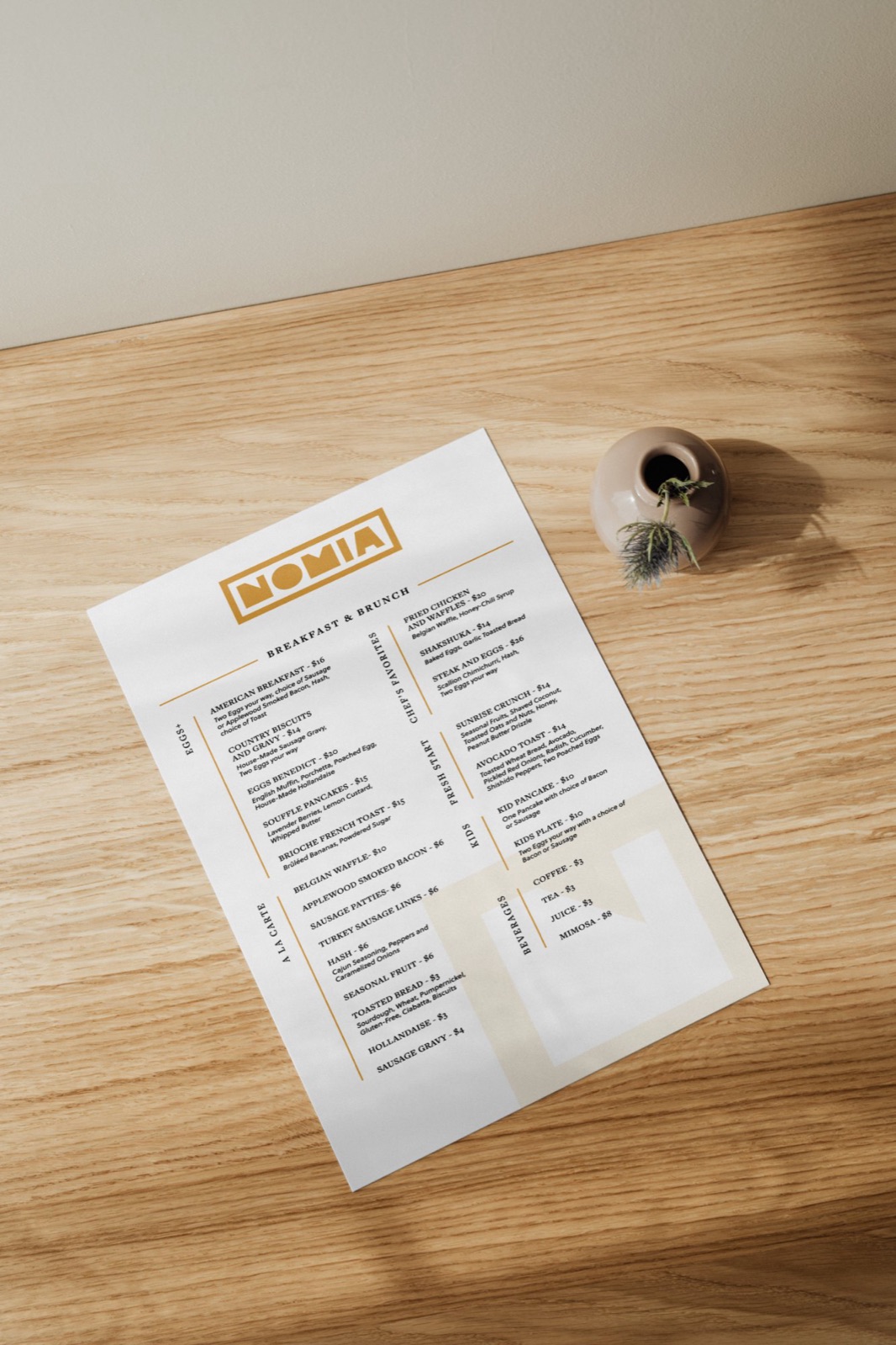 Nomia breakfast and brunch menu
