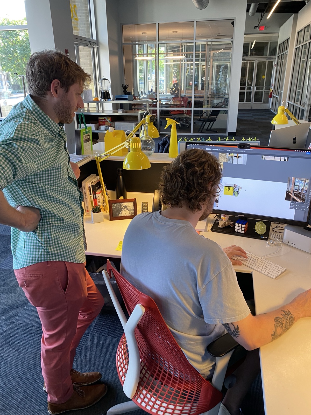 Reviewing layouts at the desk