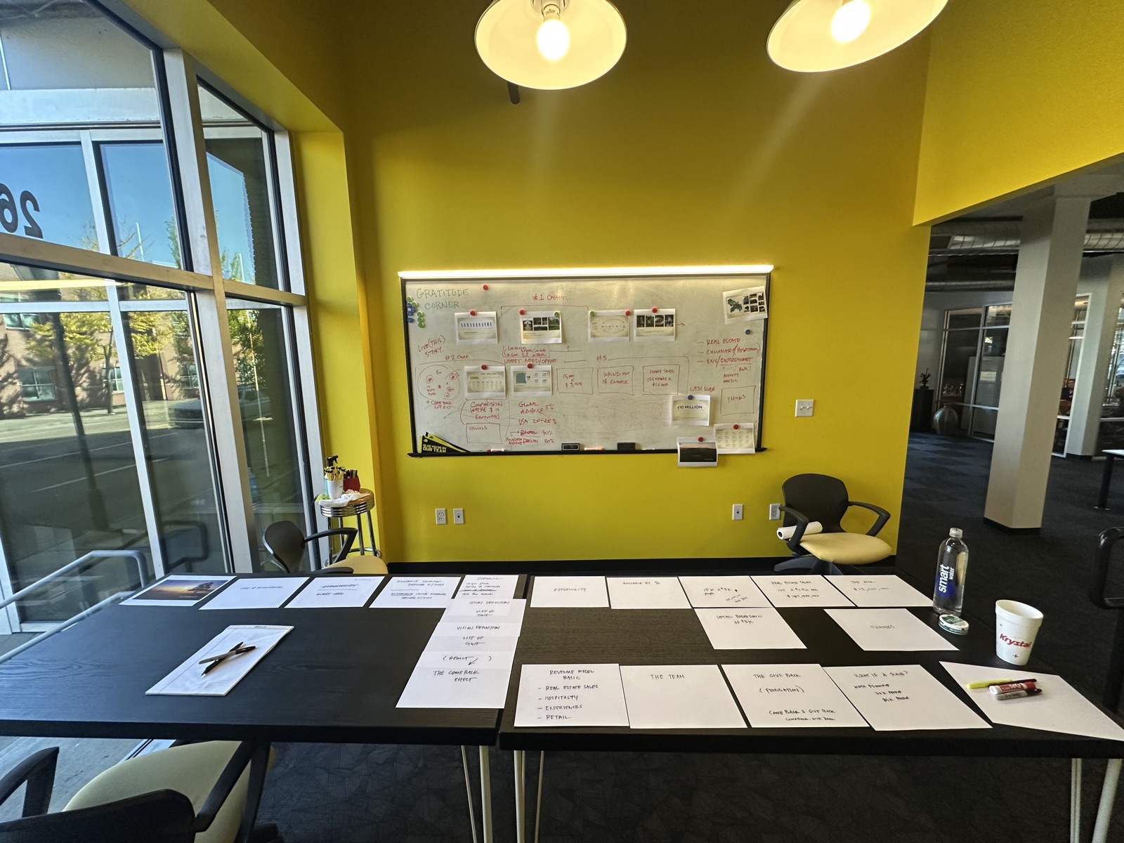 Storyboard cards laid out in the yellow room